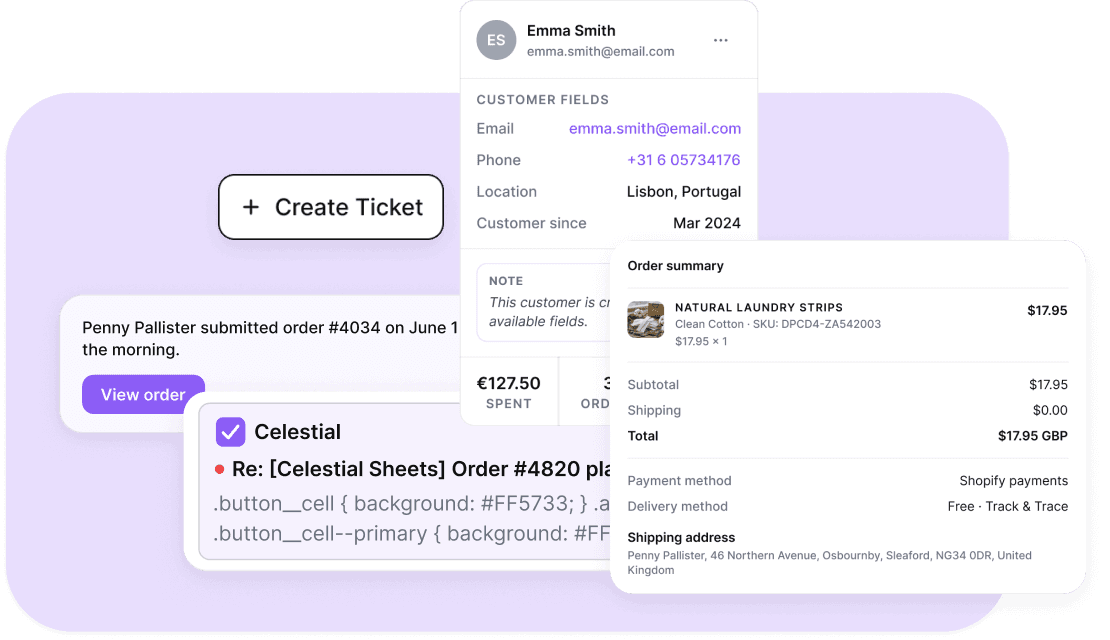 Customer fields, order summary, and action cards in the Lynq & Flow inbox