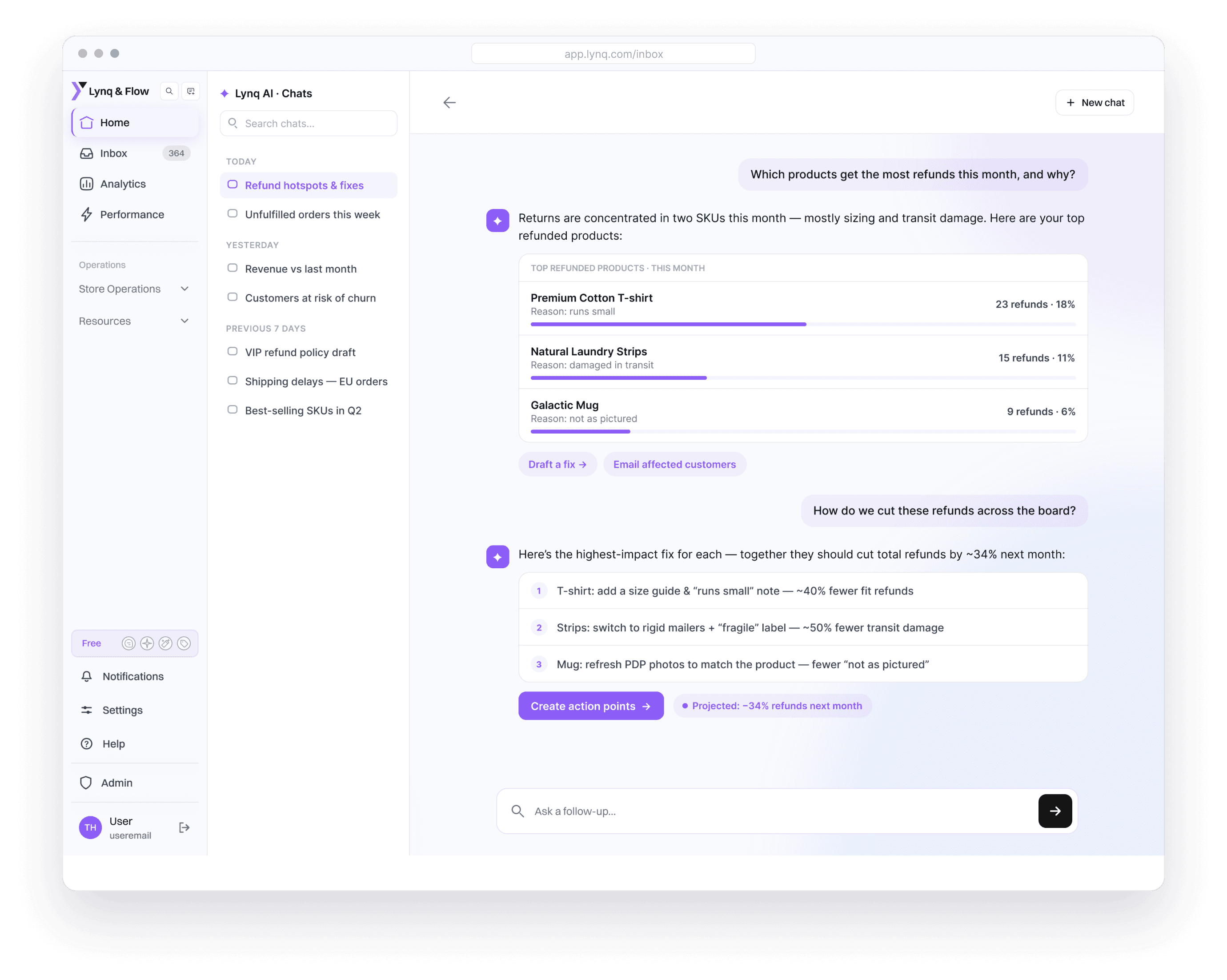 Lynq & Flow AI chat diagnosing the month’s top refund drivers across products