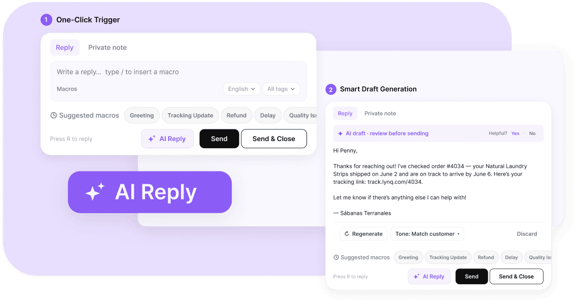 One-click trigger and AI-generated draft reply in the Lynq & Flow helpdesk