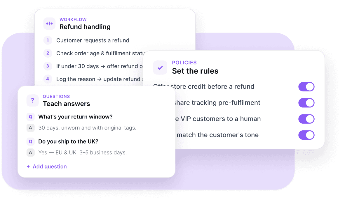 Workflow, policy, and question cards teaching the Lynq & Flow AI agent
