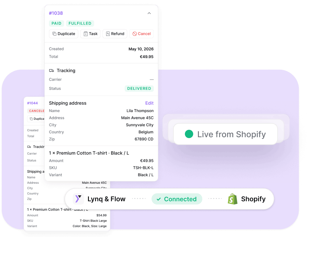 Live Shopify order panel connected inside Lynq & Flow — refund, cancel and edit orders